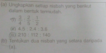 Ungkapkan setiap nisbah yang berikut 
dalam bentuk termudah. 
-(1)  3/4 : 2/5 : 1/2 
(ii) 4.5:2.4:3.6
(ii) 210:112:140
(b) Tentukan dua nisbah yang setara daripada 
(a).