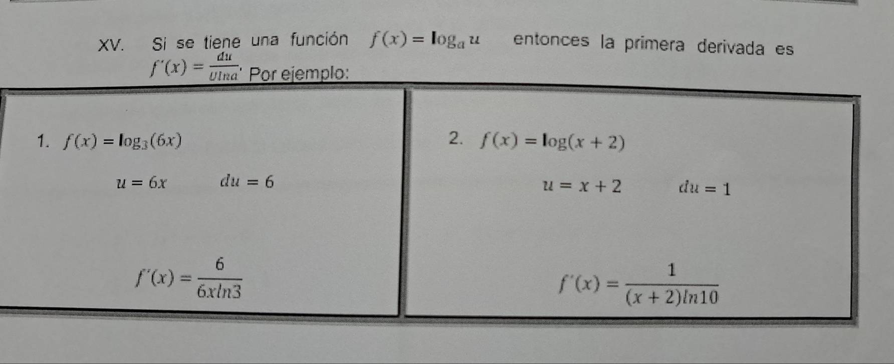 Si se tiene una función f(x)=log _au entonces la primera derivada es
f'(x)= du/uln a 