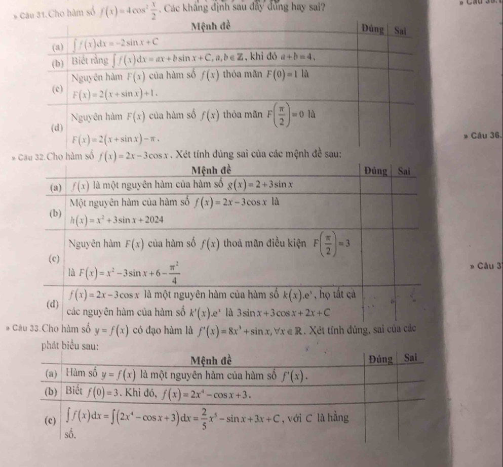 Câu 31.Cho hàm số f(x)=4cos^2 x/2 . Các khẳng định sau đây đung hay sai?
» Câu 36.
* Cầu 32.Cho hàm số f(x)=2x-3cos x. Xét tính đúng sai của các mệnh :
» Câu 3
y=f(x) có đạo hàm là f'(x)=8x^3+sin x,forall x∈ R. Xét tính đủng, sai của c
phát biểu sau: