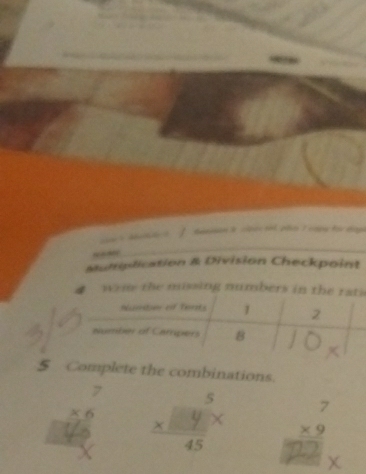 an 3 cbec t pho 1 ca fü dap
Multiplication & Division Checkpoint
wem the missing numbers in the 
5 Complete the combinations.
beginarrayr 7 * 6 hline endarray m
beginarrayr 7 * 9 hline endarray