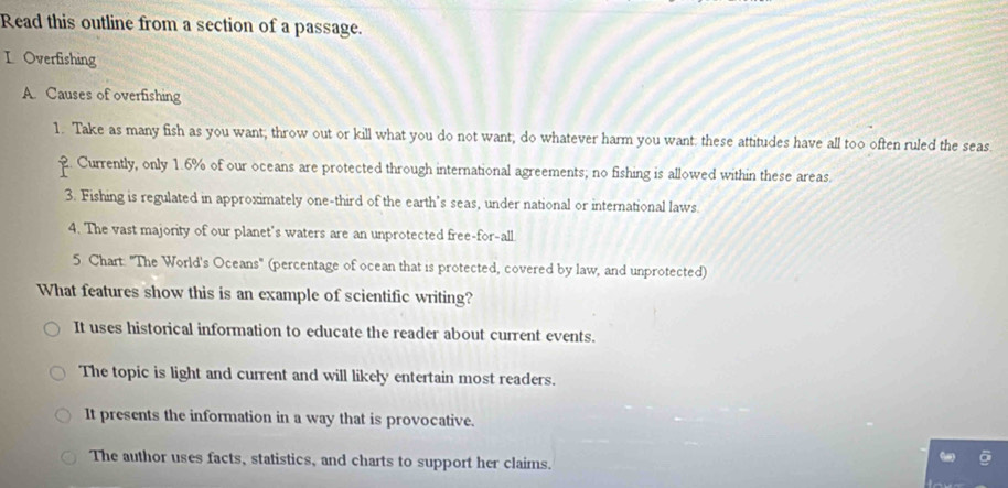 Read this outline from a section of a passage.
I Overfishing
A. Causes of overfishing
1. Take as many fish as you want; throw out or kill what you do not want; do whatever harm you want: these attitudes have all too often ruled the seas.
. Currently, only 1.6% of our oceans are protected through international agreements; no fishing is allowed within these areas.
3. Fishing is regulated in approximately one-third of the earth’s seas, under national or international laws.
4. The vast majority of our planet's waters are an unprotected free-for-all
5. Chart: "The World's Oceans" (percentage of ocean that is protected, covered by law, and unprotected)
What features show this is an example of scientific writing?
It uses historical information to educate the reader about current events.
The topic is light and current and will likely entertain most readers.
It presents the information in a way that is provocative.
The author uses facts, statistics, and charts to support her claims.