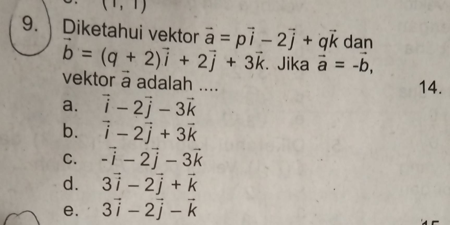 (1,1)
9. Diketahui vektor vector a=pvector i-2vector j+qvector k dan
vector b=(q+2)vector i+2vector j+3vector k. Jika vector a=-vector b, 
vektor ā adalah ....
14.
a. vector i-2vector j-3vector k
b. vector i-2vector j+3vector k
C. vector -i-2vector j-3vector k
d. 3vector i-2vector j+vector k
e. 3vector i-2vector j-vector k