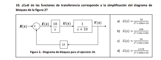 ¿Cuál de las funciones de transferencia corresponde a la simplificación del diagrama de
bloques de la figura 2?
a) G(s)= 10/S^2+100s+10 
b) G(s)= 100/s^2+10s+100 
c) G(s)= 10/s^2+10s+100 
d) G(s)= (s+10)/s^2+100s+10 