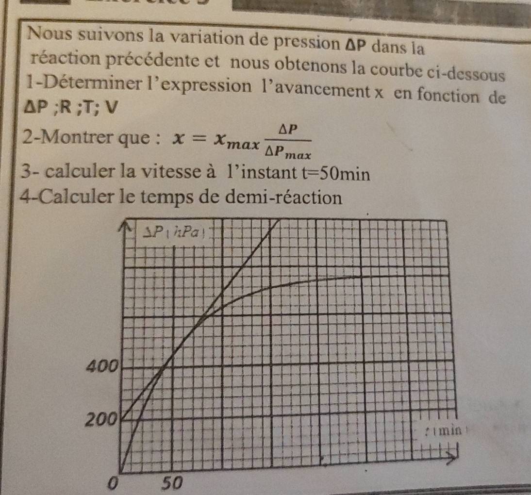 Nous suivons la variation de pression △ P dans la
réaction précédente et nous obtenons la courbe ci-dessous
1-Déterminer l’expression l'avancement x en fonction de
△ P;R ;T; V
2-Montrer que : x=x_maxfrac △ P△ P_max
3- calculer la vitesse à l'instant t=50min
4-Calculer le temps de demi-réaction
0 50