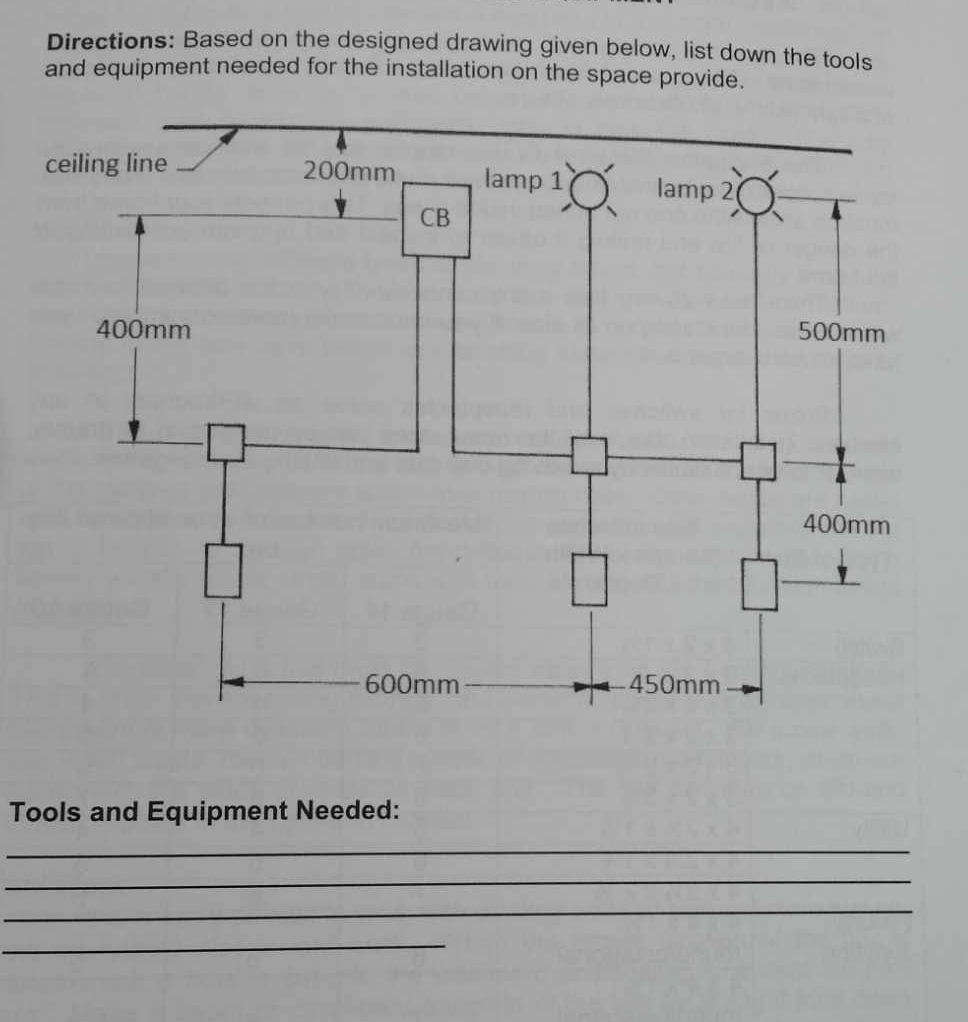 Directions: Based on the designed drawing given below, list down the tools 
and equipment needed for the installation on the space provide. 
c 
Tools and Equipment Needed: 
_ 
_ 
_ 
_