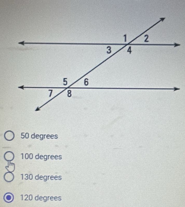 50 degrees
100 degrees
130 degrees
120 degrees