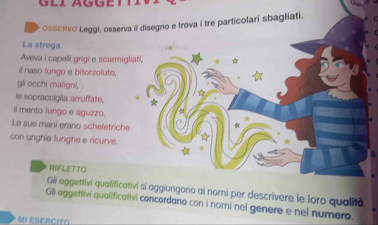 Guar 
OSSERVO Leggi, osserva il disegno e trova i tre particolari sbagliati. 
La strega 
Aveva i capelli grigi e scarmigli 
il naso lungo e bitorzoluto, 
gli occhi maligni, 
le sopracciglia arruffate, 
il mento lungo e aguzzo. 
Le sue mani erano scheletriche 
con unghie lunghe e ricurve. 
4 
RIFLETTO 
Gli aggettivi qualificativi si aggiungono ai nomi per descrivere le loro qualità. 
Gli aggettivi qualificativi concordano con i nomi nel genere e nel numero. 
MI ESERCITO