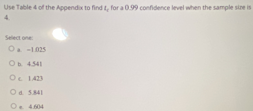 Use Table 4 of the Appendix to find t_c for a 0.99 confidence level when the sample size is
4.
Select one:
a. -1.025
b. 4.541
c. 1.423
d. 5.841
e. 4.604