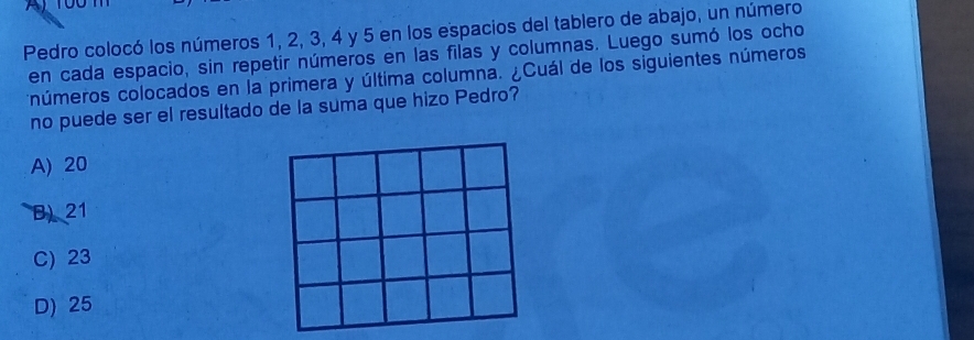 A
Pedro colocó los números 1, 2, 3, 4 y 5 en los espacios del tablero de abajo, un número
en cada espacio, sin repetir números en las filas y columnas. Luego sumó los ocho
números colocados en la primera y última columna. ¿Cuál de los siguientes números
no puede ser el resultado de la suma que hizo Pedro?
A) 20
B) 21
C) 23
D) 25