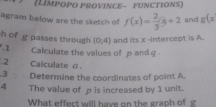 (LIMPOPO PROVINCE- FUNCTIONS) 
agram below are the sketch of f(x)= 2/3 x+2 and g(x
h of g passes through (0;4) and its x -intercept is A. 
7.1 Calculate the values of p and q. 
.2 Calculate a. 
.3 Determine the coordinates of point A. 
4 The value of p is increased by 1 unit. 
What effect will have on the graph of g