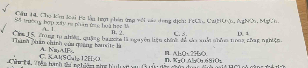 Cho kim loại Fe lần lượt phản ứng với các dung dịch: FeCl_3, Cu(NO_3)_2, AgNO_3, MgCl_2. 
Số trường hợp xảy ra phản ứng hoá học là
A. 1. B. 2. C. 3. D. 4.
Câu 15. Trong tự nhiên, quặng bauxite là nguyên liệu chính để sản xuất nhôm trong công nghiệp.
Thành phần chính của quặng bauxite là
A. Na_3AlF C
C. KAl(SO_4)_2.12H_2O.
B. Al_2O_3.2H_2O.
D. K_2O.Al_2O_3.6SiO_2. 
Câu 14. Tiến hành thí nghiệm nhụ hình xẽ sau (3 cốc đều chứa dụng địch ggid HC) có qùng th^(frac 1)a