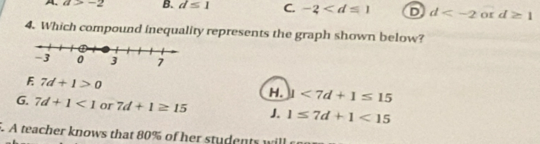 a>-2 B. d≤ 1 C. -2 D d or d≥ 1
4. Which compound inequality represents the graph shown below?
E 7d+1>0
H. 1<7d+1≤ 15
G. 7d+1<1</tex> or 7d+1≥ 15 J. 1≤ 7d+1<15</tex> 
. A teacher knows that 80% of her students will