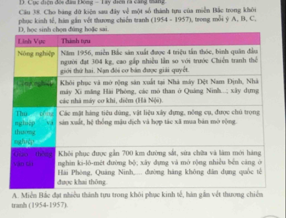 Cục diện đôi đầu Đông - Tây điển ra cảng tháng 
Câu 38. Cho bảng dữ kiện sau đây về một số thành tựu của miền Bắc trong khôi 
phục kinh tế, hàn gắn vết thương chiến tranh (1954 - 1957), trong mỗi ý A, B, C, 
A. Miền Bắc đạt nhiều thành tựu trong khôi phục kinh tế, hàn gắn vết thương ch 
tranh (1954-1957).