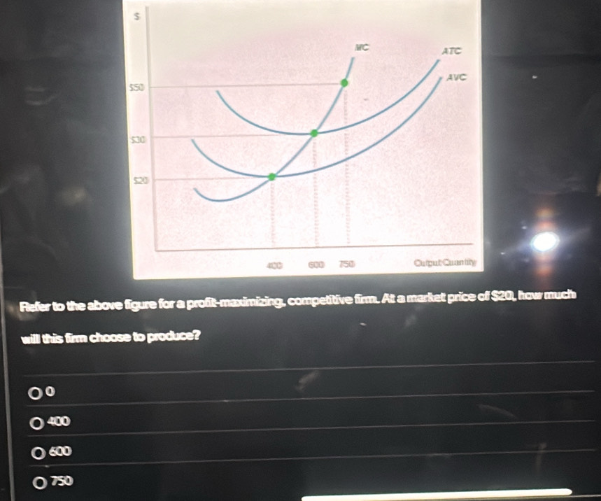 $
Refer to the above figure for a pro $20, how much
willl this firm choose to produce?
0
400
600
750