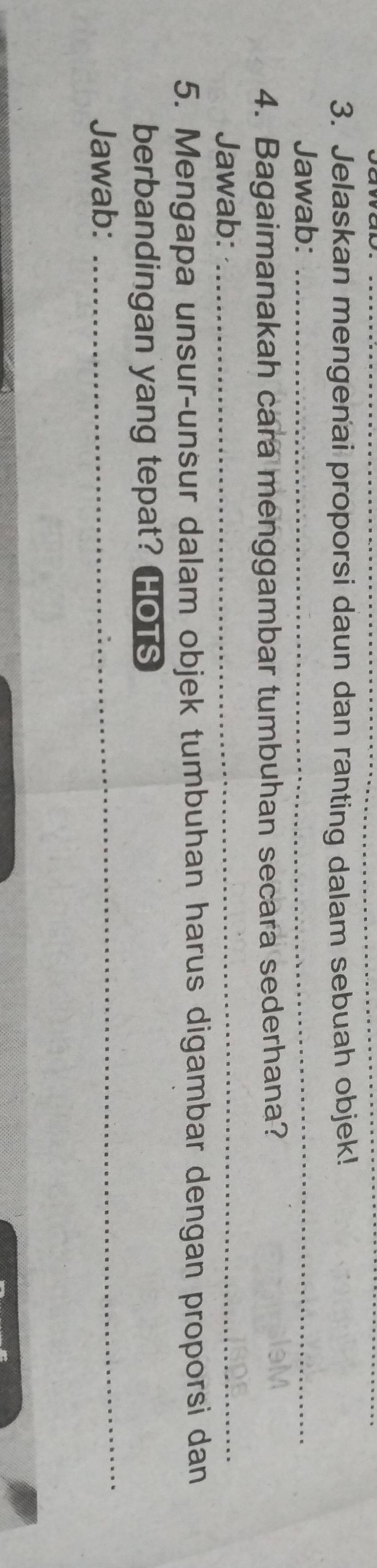 Jelaskan mengenai proporsi daun dan ranting dalam sebuah objek! 
Jawab:_ 
4. Bagaimanakah cara menggambar tumbuhan secara sederhana? 
Jawab:_ 
5. Mengapa unsur-unsur dalam objek tumbuhan harus digambar dengan proporsi dan 
_ 
berbandingan yang tepat? HOTS 
Jawab: