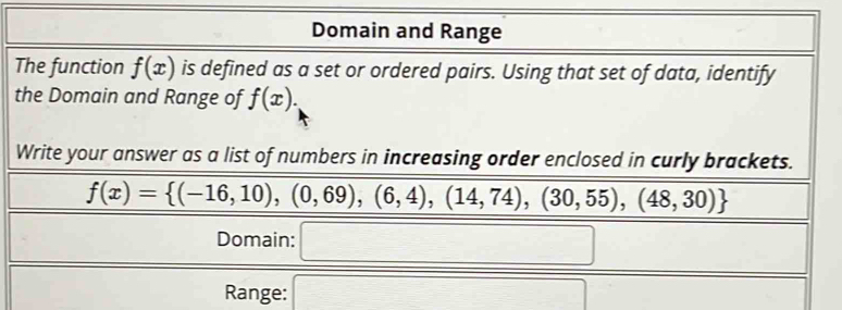 Domain and Range
The function f(x) is defined as a set or ordered pairs. Using that set of data, identify