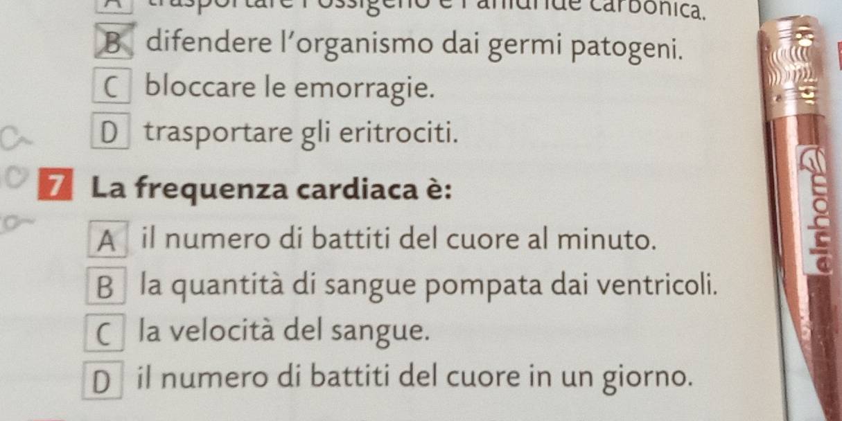 Tanídnide carbónica.
B difendere l’organismo dai germi patogeni.
C bloccare le emorragie.
D trasportare gli eritrociti.
7 La frequenza cardiaca è:
A il numero di battiti del cuore al minuto.

B la quantità di sangue pompata dai ventricoli.
C la velocità del sangue.
D il numero di battiti del cuore in un giorno.