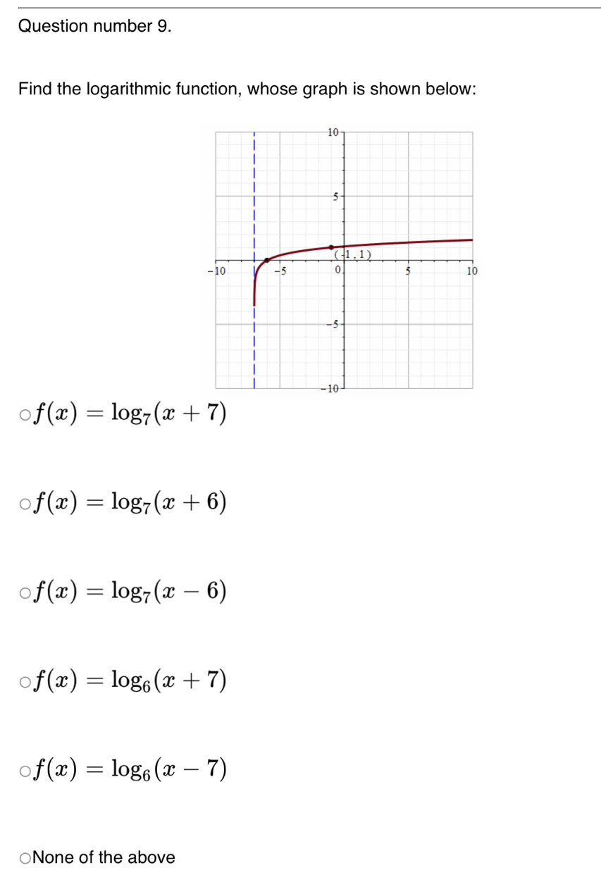 Question number 9.
Find the logarithmic function, whose graph is shown below:
f(x)=log _7(x+7)
f(x)=log _7(x+6)
f(x)=log _7(x-6)
f(x)=log _6(x+7)
f(x)=log _6(x-7)
None of the above