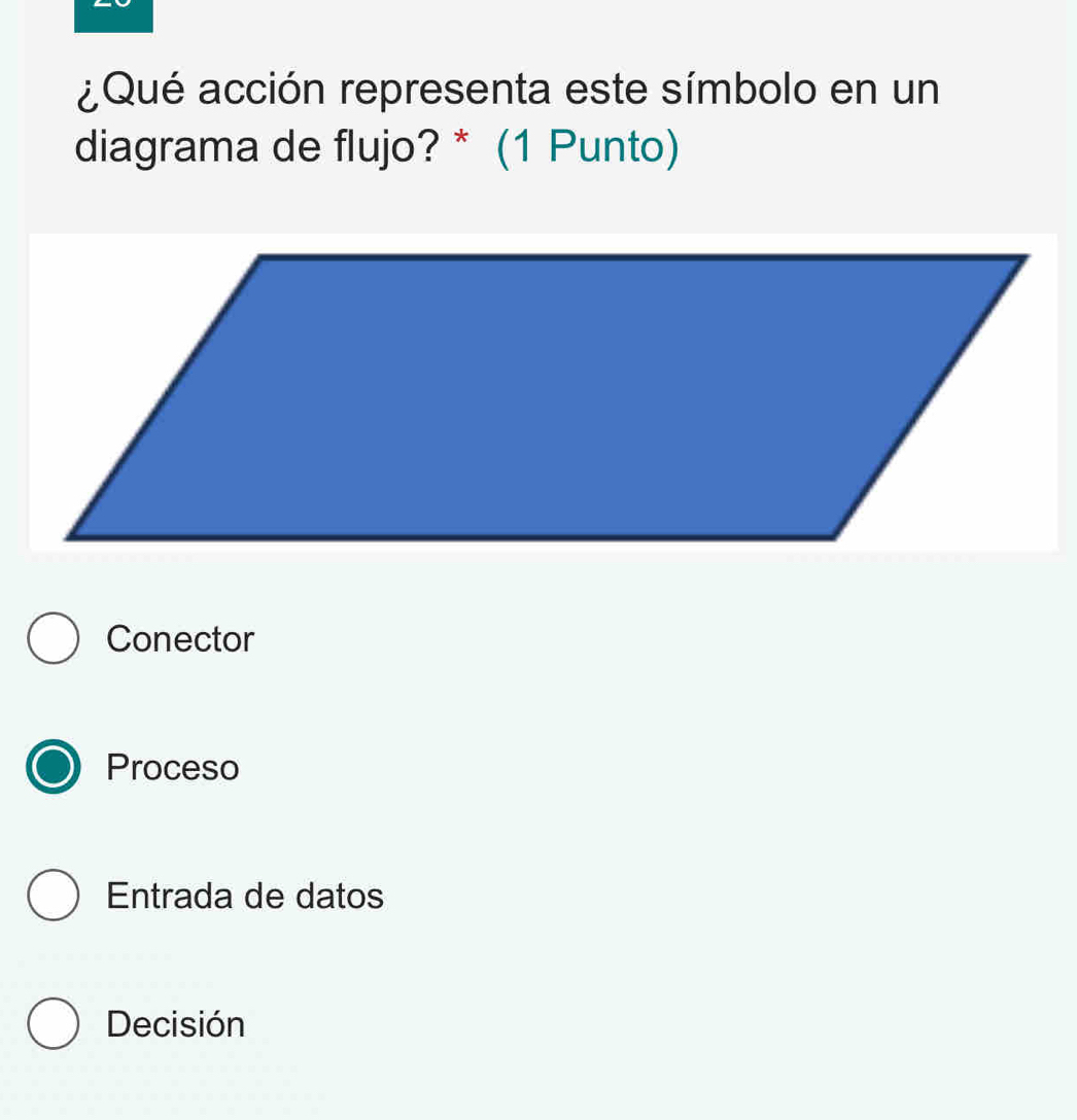 ¿Qué acción representa este símbolo en un
diagrama de flujo? * (1 Punto)
Conector
Proceso
Entrada de datos
Decisión