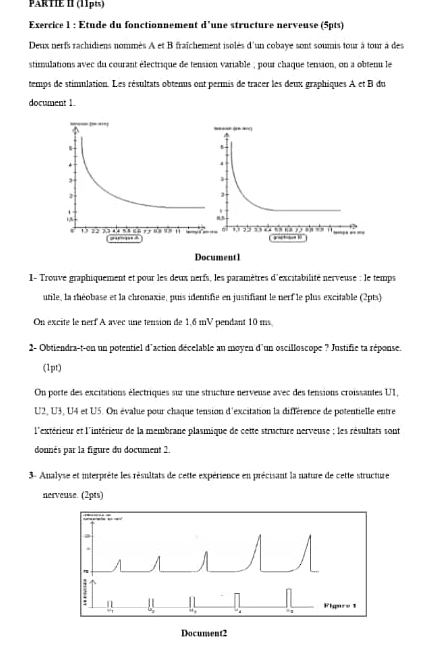 PARTE I (11pts) 
Exercice 1 : Etude du fonctionnement d’une structure nerveuse (5pts) 
Deux nerfs rachidiens nommés A et B fraîchement isolés d'un cobaye sont soumis tour à tour à des 
stimulations avec du courant électrique de tension variable ; pour chaque tension, on a obtenu le 
temps de stimulation. Les résultats obtenus ont permis de tracer les deux graphiques A et B du 
document 1. 
Document1 
1- Trouve graphiquement et pour les deux nerfs, les paramètres d'excitabilité nerveuse : le temps 
utile, la rhéobase et la chronaxie, puis identifie en justifiant le nerf le plus excitable (2pts) 
On excite le nerf A avec une tension de 1.6 mV pendant 10 ms
2- Obtiendra-t-on un potentiel d'action décelable au moyen d'un oscilloscope ? Justifie ta réponse. 
(1pt) 
On porte des excitations électriques sur une structure nerveuse avec des tensions croissantes U1, 
U2, U3, U4 et U5. On évalue pour chaque tension d'excitation la différence de potentielle entre 
l'extérieur et l'intérieur de la membrane plasmique de cette structure nerveuse ; les résultats sont 
donnés par la figure du document 2. 
3- Analyse et interprète les résultats de cette expérience en précisant la nature de cette structure 
nerveuse. (2pts) 
Document2