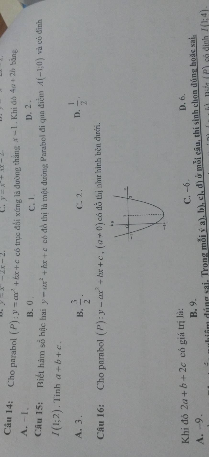 y=x-2x-2. 
C. y=x^2+3x-2. 
Câu 14: Cho parabol (P): y=ax^2+bx+c có trục đối xứng là đường thăng x=1. Khi đó 4a+2b bǎng
A. -1.
B. 0. C. 1. D. 2.
Câu 15: Biết hàm số bậc hai y=ax^2+bx+c có đồ thị là một đường Parabol đi qua điểm A(-1;0) và có đinh
I(1;2). Tính a+b+c.
A. 3. B.  3/2 . C. 2.
D.  1/2 . 
Câu 16: Cho parabol (P): y=ax^2+bx+c, (a!= 0) có đồ thị như hình bên dưới.
Khi đó 2a+b+2c có giá trị là: D. 6.
C. -6.
B. 9.
A. -9.
điểm đúng sai. Trong mỗi ý a), b), c), d) ở mỗi câu, thí sinh chọn đúng hoặc sai.
L) Biết (P) có đỉnh I(1;4).