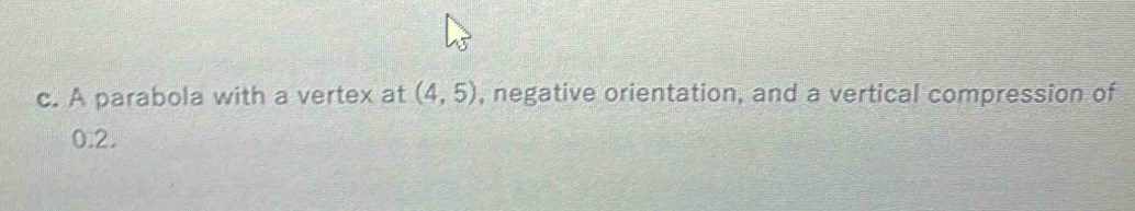 A parabola with a vertex at (4,5) , negative orientation, and a vertical compression of
0.2.