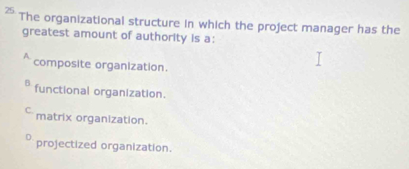 The organizational structure in which the project manager has the
greatest amount of authority is a:
A
composite organization.
* functional organization.
C.
matrix organization.
D. projectized organization.