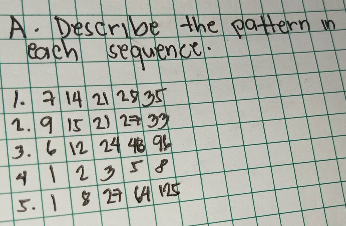 Describe the pattern w 
each sequence. 
1. 314 21 29 35
2. 9 15 2) 2÷33
3. 6 12 24 48 9
412358
5. 1 8 23 (A 125