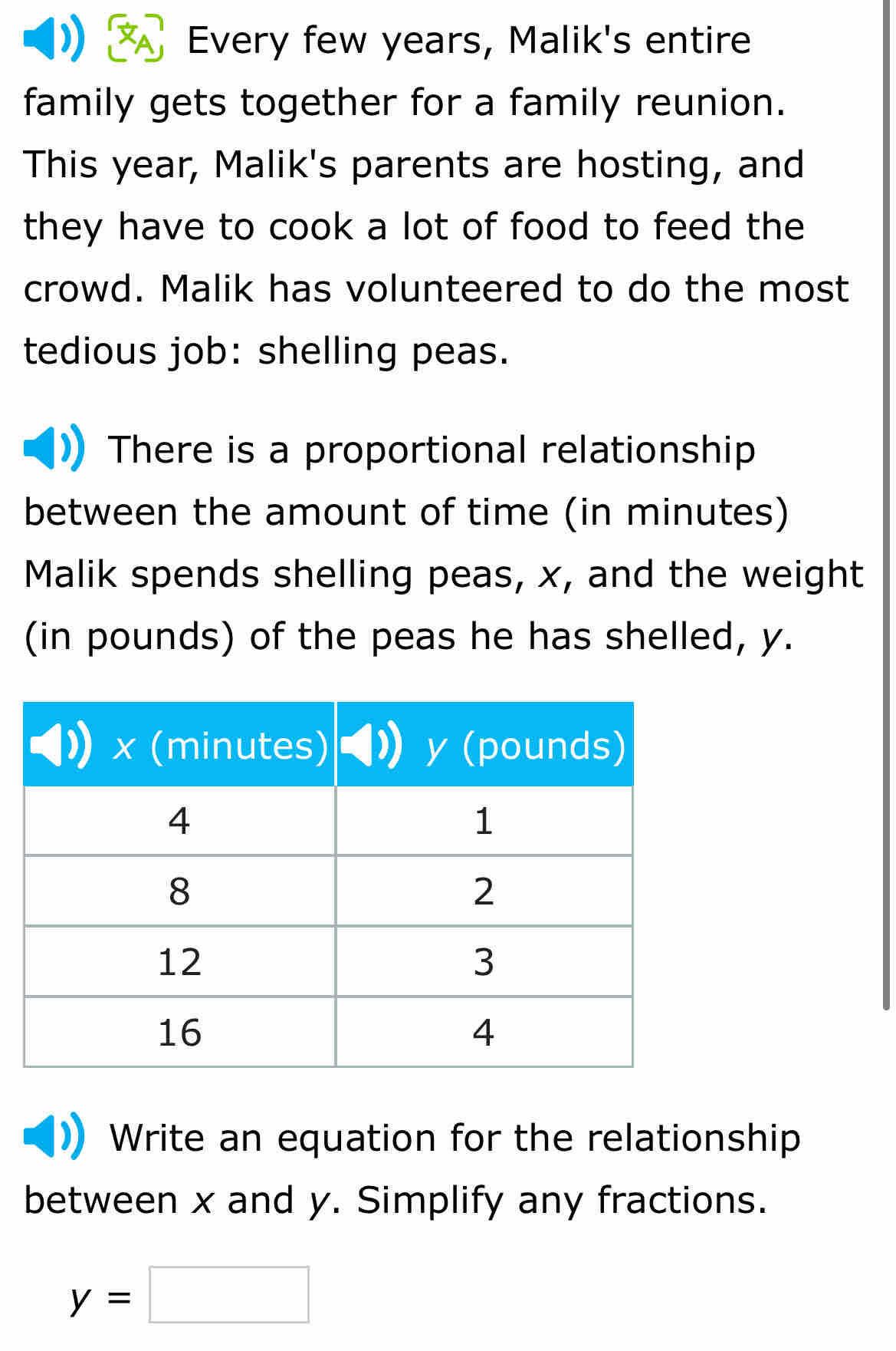 Every few years, Malik's entire 
family gets together for a family reunion. 
This year, Malik's parents are hosting, and 
they have to cook a lot of food to feed the 
crowd. Malik has volunteered to do the most 
tedious job: shelling peas. 
There is a proportional relationship 
between the amount of time (in minutes) 
Malik spends shelling peas, x, and the weight 
(in pounds) of the peas he has shelled, y. 
Write an equation for the relationship 
between x and y. Simplify any fractions.
y=□