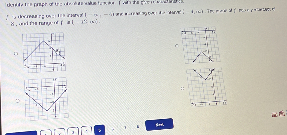 Identify the graph of the absolute value function f with the given characterstics.
f is decreasing over the interval (-∈fty ,-4) and increasing over the interval (-4,∈fty ). The graph of f has a y-intercept of
—8 , and the range of f is (-12,∈fty ).

2 3 4 5 6 7 8
Next