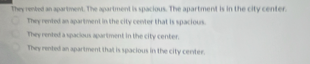 They rented an apartment. The apartment is spacious. The apartment is in the city center.
They rented an apartment in the city center that is spacious.
They rented a spacious apartment in the city center.
They rented an apartment that is spacious in the city center.