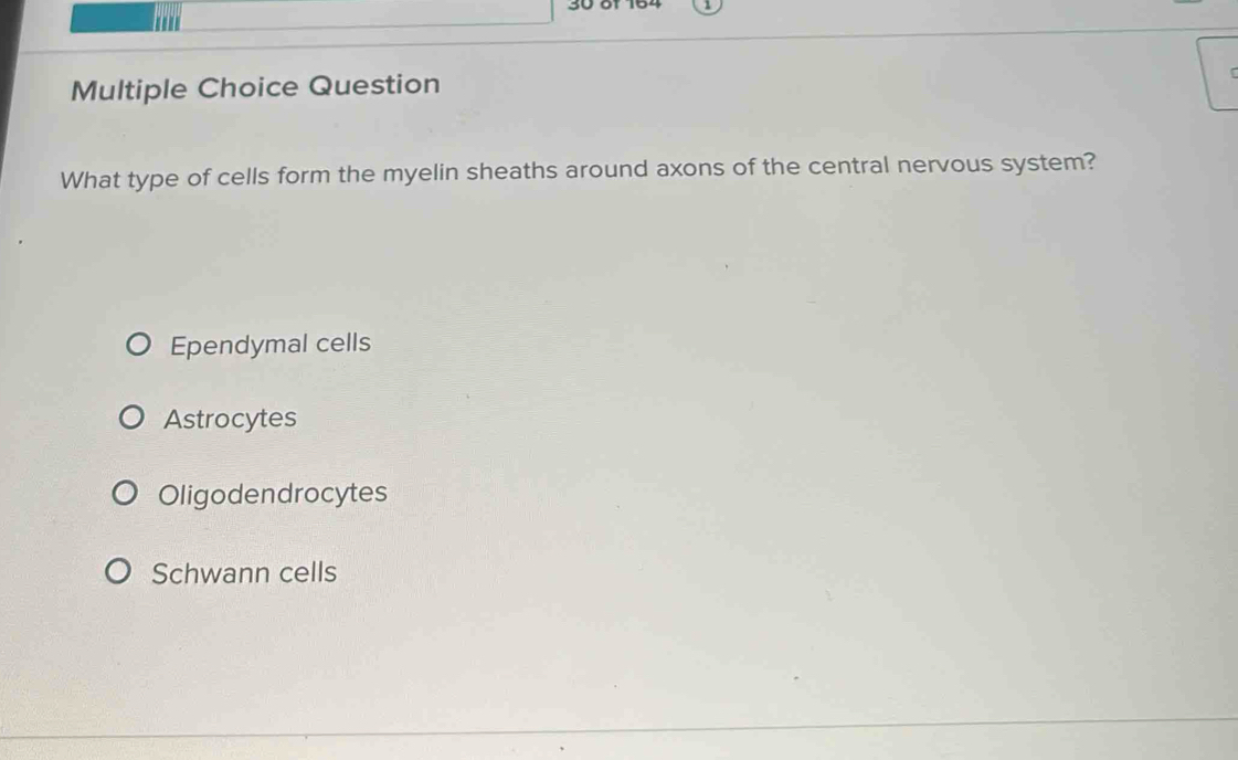 Question
What type of cells form the myelin sheaths around axons of the central nervous system?
Ependymal cells
Astrocytes
Oligodendrocytes
Schwann cells