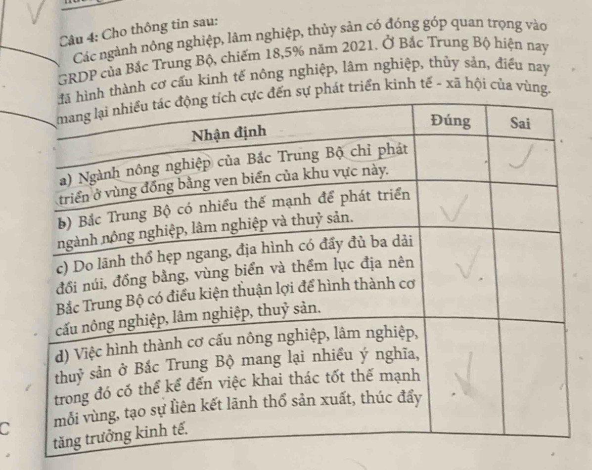 Cho thông tin sau: 
Các ngành nông nghiệp, lâm nghiệp, thủy sản có đóng gop quan trọng o 
GRDP của Bắc Trung Bộ, chiếm 18,5% năm 2021. Ở Bắc Trung Bộ hiện nay 
ành cơ cấu kinh tế nông nghiệp, lâm nghiệp, thủy sản, điểu nay 
át triển kinh tế - xã hội của vùng 
C