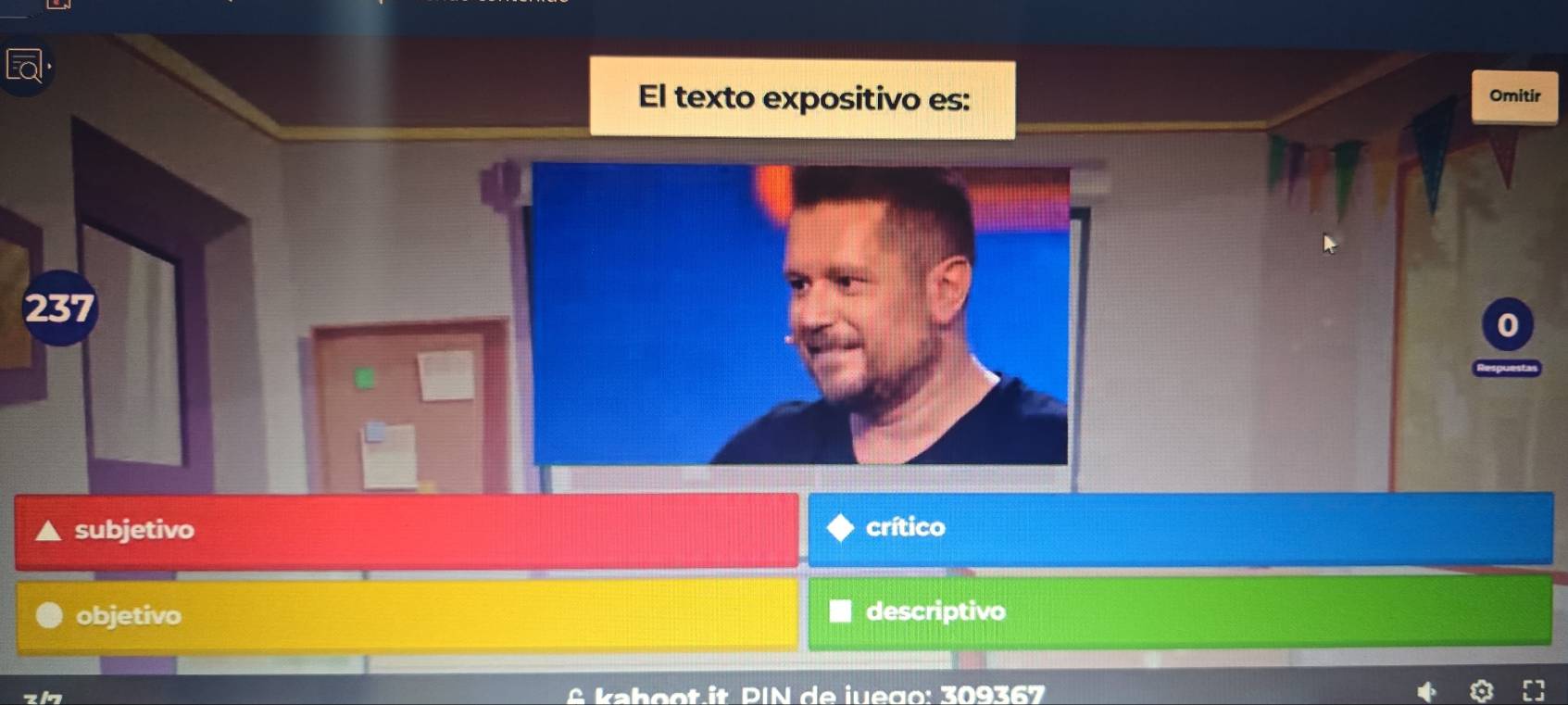 El texto expositivo es: Omitir
subjetivo crítico
objetivo descriptivo
z1 A kahoot.it PIN de juego: 309367