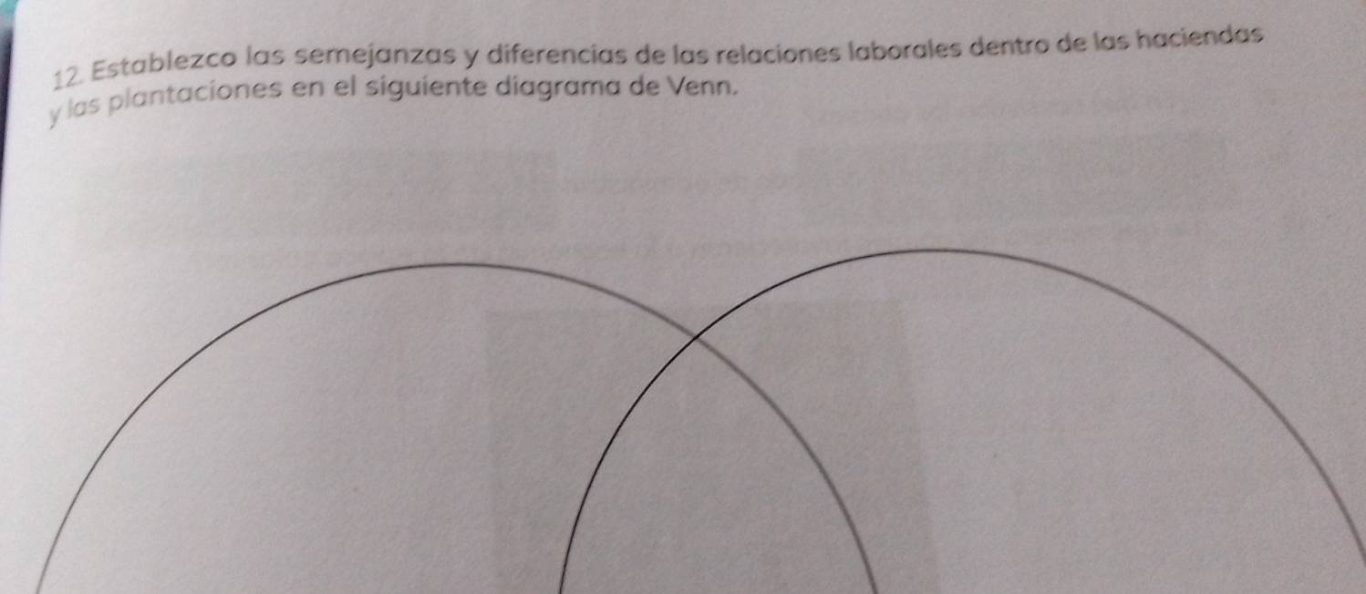 Establezco las semejanzas y diferencías de las relaciones laborales dentro de las haciendas 
y las plantaciones en el siguiente diagrama de Venn.