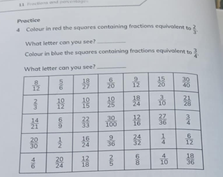 Fractions and percentages
Practice
4 Colour in red the squares containing fractions equivalent to  2/3 .
What letter can you see?_
Colour in blue the squares containing fractions equivalent to  3/4 .
see?_