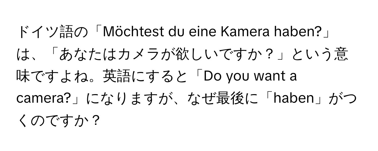 ドイツ語の「Möchtest du eine Kamera haben?」は、「あなたはカメラが欲しいですか？」という意味ですよね。英語にすると「Do you want a camera?」になりますが、なぜ最後に「haben」がつくのですか？