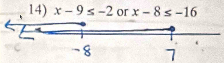 x-9≤ -2 or x-8≤ -16