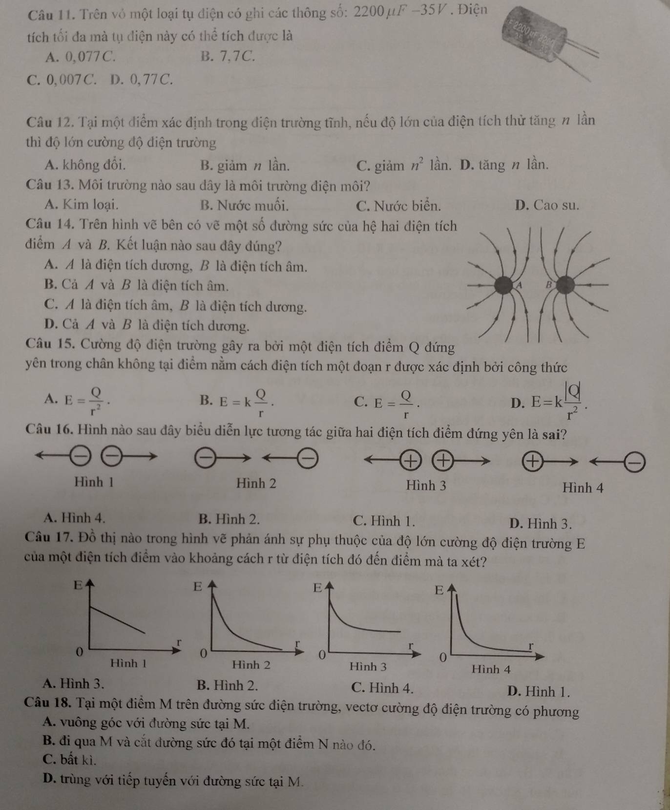 Trên vỏ một loại tụ điện có ghi các thông số: 2200μF -35V . Điện
tích tối đa mà tụ điện này có thể tích được là
A. 0, 077 C. B. 7,7C.
C. 0, 007 C. D. 0, 77 C.
Câu 12. Tại một điểm xác định trong điện trường tĩnh, nếu độ lớn của điện tích thử tăng  lần
thì độ lớn cường độ điện trường
A. không đổi. B. giảm n lần. C. giảm n^2 lần. D. tăng n lần.
Câu 13. Môi trường nào sau dây là môi trường điện môi?
A. Kim loại. B. Nước muối. C. Nước biển. D. Cao su.
Câu 14. Trên hình vẽ bên có vẽ một số đường sức của hệ hai điện tí
điểm A và B. Kết luận nào sau đây đúng?
A. A là điện tích dương, B là điện tích âm.
B. Cả A và B là điện tích âm.
C. A là điện tích âm, B là điện tích dương.
D. Cả A và B là điện tích dương.
Câu 15. Cường độ điện trường gây ra bởi một điện tích điểm Q đứn
yên trong chân không tại điểm nằm cách điện tích một đoạn r được xác định bởi công thức
A. E= Q/r^2 . E=k Q/r . E= Q/r . E=k |Q|/r^2 .
B.
C.
D.
Câu 16. Hình nào sau đây biểu diễn lực tương tác giữa hai điện tích điểm đứng yên là sai?
Hình 1 Hình 2 Hình 3 Hình 4
A. Hình 4. B. Hình 2. C. Hình 1. D. Hình 3.
Câu 17. Đồ thị nào trong hình vẽ phản ánh sự phụ thuộc của độ lớn cường độ điện trường E
của một điện tích điểm vào khoảng cách r từ điện tích đó đến điểm mà ta xét?
A. Hình 3. B. Hình 2. C. Hình 4. D. Hình 1.
Câu 18. Tại một điểm M trên đường sức điện trường, vectơ cường độ điện trường có phương
A. vuông góc với đường sức tại M.
B. đi qua M và cắt đường sức đó tại một điểm N nào đó.
C. bất kì.
D. trùng với tiếp tuyến với đường sức tại M.
