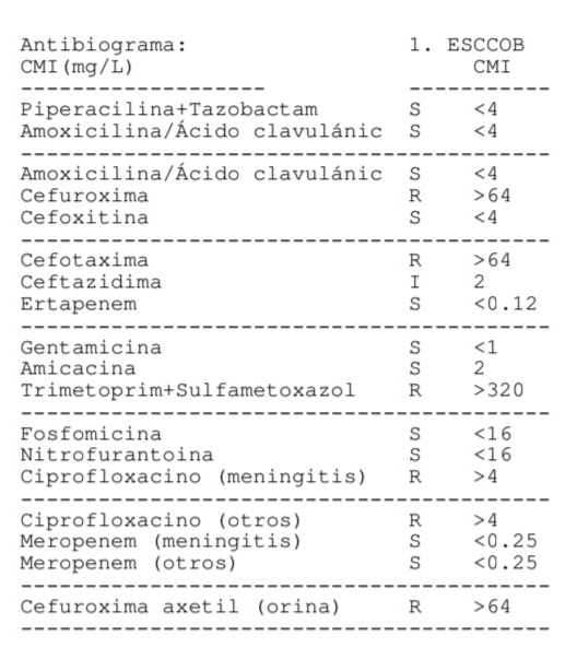 Antibiograma: 1. ESCCOB
CMI (mg/L) CMI
Piperacilina+Tazobactam s ∠ 4
Amoxicilina/Ácido clavulánic s ∠ 4
Amoxicilina/Ácido clavulánic s ∠ 4
Cefuroxima R 64
Cefoxitina s ∠ 4
Cefotaxima R 64
Ceftazidima I 2
Ertapenem s <0.12
Gentamicina s <1</tex> 
Amicacina s 2
Trimetoprim+Sulfametoxazol R 320
Fosfomicina s <16</tex> 
Nitrofurantoina s <16</tex> 
Ciprofloxacino (meningitis) R 4
Ciprofloxacino (otros) R 4
Meropenem (meningitis) s <0.25
Meropenem (otros) s <0.25
Cefuroxima axetil (orina) R 64