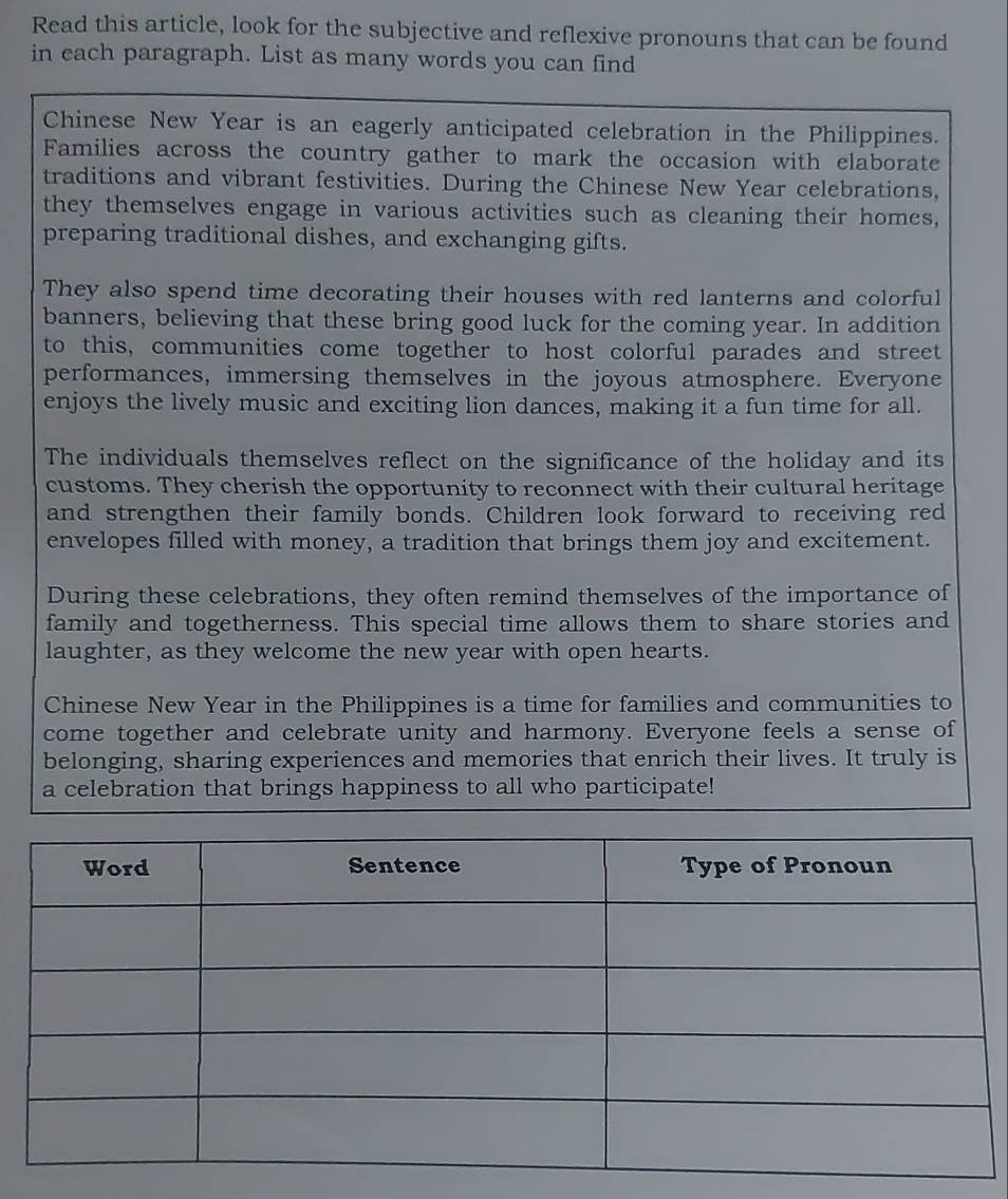 Read this article, look for the subjective and reflexive pronouns that can be found 
in each paragraph. List as many words you can find 
Chinese New Year is an eagerly anticipated celebration in the Philippines. 
Families across the country gather to mark the occasion with elaborate 
traditions and vibrant festivities. During the Chinese New Year celebrations, 
they themselves engage in various activities such as cleaning their homes, 
preparing traditional dishes, and exchanging gifts. 
They also spend time decorating their houses with red lanterns and colorful 
banners, believing that these bring good luck for the coming year. In addition 
to this, communities come together to host colorful parades and street 
performances, immersing themselves in the joyous atmosphere. Everyone 
enjoys the lively music and exciting lion dances, making it a fun time for all. 
The individuals themselves reflect on the significance of the holiday and its 
customs. They cherish the opportunity to reconnect with their cultural heritage 
and strengthen their family bonds. Children look forward to receiving red 
envelopes filled with money, a tradition that brings them joy and excitement. 
During these celebrations, they often remind themselves of the importance of 
family and togetherness. This special time allows them to share stories and 
laughter, as they welcome the new year with open hearts. 
Chinese New Year in the Philippines is a time for families and communities to 
come together and celebrate unity and harmony. Everyone feels a sense of 
belonging, sharing experiences and memories that enrich their lives. It truly is 
a celebration that brings happiness to all who participate!