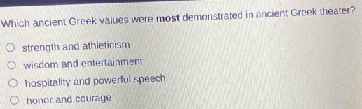 Which ancient Greek values were most demonstrated in ancient Greek theater?
strength and athleticism
wisdom and entertainment
hospitality and powerful speech
honor and courage