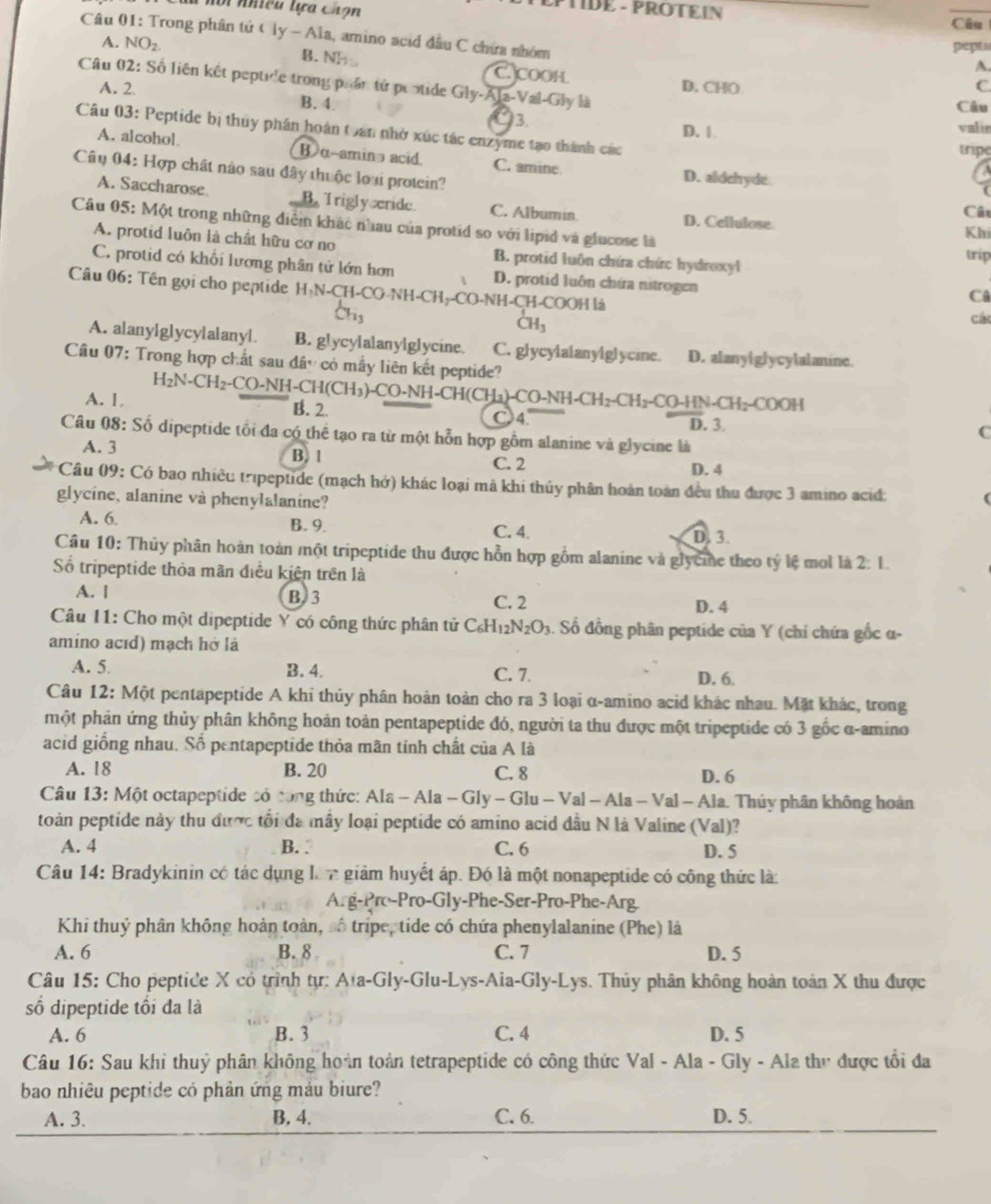 lới nhiều lựa chạn
EPTIDE - PROTEIN
Câu
Câu 01: Trong phân tứ Cly - Ala, amino acid đầu C chứa nhóm
pept
A. NO_2. B. NH C.JCOOH
A.
Câu 02: Số liên kết peptide trong phần tử protide Gly-Ala-Val-Gly là D. CHO C.
A. 2. B. 4.
Câu
3. valin
Câu 03: Peptide bị thuy phân hoán toán nhớ xúc tác enzyme tạo thành các
D. |
tripe
A. alcohol B α-amin acid. C. amine D. aldehyde
Câu 04: Hợp chất nào sau đây thuộc loại protein?
A. Saccharose B. Triglyseride. C. Albumin. D. Cellulose
Câu
Câu 05: Một trong những điễm khác nhau của protid so với lipid và glucose là
Khi
A. protid luôn là chất hữu cơ no B. protid luôn chứa chức hydroxyl
trip
C. protid có khối lương phân tử lớn hơn D. protid luôn chứa nitrogen
Câu 06: Tên gọi cho peptide H-N-Cl H-CO-NH-CH_2-CO-NH- CH-COOH là
C
Ch_3
CH_3
các
A. alanylglycylalanyl. B. glycylalanylglycine. C. glycylalanylglycine. D. alany[gycy|alanine.
Câu 07: Trong hợp chất sau đây có mẫy liên kết peptide? H_2N· CH_2-CO-NH-CH(CH_3)-CO· NH-CH(CH_3)-CO-NH-CH_2-CO-HN-CH B. 2.
A. 1 :COOH
C 4. C
D. 3
Câu 08: Số dipeptide tối đa có thể tạo ra từ một hỗn hợp gồm alanine và glycine là
A. 3 B. 1 C. 2 D. 4
*Câu 09: Có bao nhiêu tripeptide (mạch hở) khác loại mã khi thủy phân hoàn toàn đều thu được 3 amino acid:
glycine, alanine và phenylalanine?
A. 6 C. 4.
B. 9.
D. 3.
Câu 10: Thủy phân hoàn toàn một tripeptide thu được hồn hợp gồm alanine và glycine theo tỷ lệ mol là 2:1.
ố tripeptide thỏa mãn điều kiện trên là
A. | B.3 D. 4
C. 2
Câu 11: Cho một dipeptide Y có công thức phân tử ở C_6H_12N_2O_3 3. Số đồng phân peptide của Y (chi chứa gốc α-
amino acıd) mạch hở là
A. 5. B. 4. C. 7. D. 6.
Câu 12: Một pentapeptide A khi thủy phân hoàn toàn cho ra 3 loại α-amino acid khác nhau. Mặt khác, trong
một phản ứng thủy phân không hoản toàn pentapeptide đó, người ta thu được một tripeptide có 3 gốc α-amino
acid giống nhau. Số pentapeptide thỏa mãn tính chất của A là
A. 18 B. 20 C. 8 D. 6
Câu 13: Một octapeptide có tong thức: Ala - Ala - Gly - Glu - Val - Ala - Val - Ala. Thủy phân không hoàn
toàn peptide này thu được tổi đa mây loại peptide có amino acid đầu N là Valine ( sqrt(a)] )?
A. 4 B. . C. 6 D. 5
Câu 14: Bradykinin có tác dụng lê n giảm huyết áp. Đó là một nonapeptide có công thức là:
Ar g-Pro-Pro-Gly-Phe-Ser-Pro-Phe-Arg.
Khi thuỷ phân không hoàn toàn, số tripe, tide có chứa phenylalanine (Phe) là
A. 6 B. 8 C. 7 D. 5
Câu 15: Cho peptice X có trình tự: A'a-Gly-Glu-Lys-Aia-Gly-Lys. Thủy phân không hoàn toàn X thu được
số dipeptide tối đa là
A. 6 B. 3 C. 4 D. 5
Câu 16: Sau khi thuỷ phân không hoàn toàn tetrapeptide có công thức Val - Ala - Gly - Ala thư được tối đa
bao nhiêu peptide có phản ứng màu biure?
A. 3. B. 4. C. 6. D. 5.