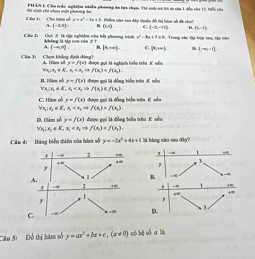 gian gio    d  .
PHÀN I. Câu trắc nghiệm nhiều phương án lựa chọn. Thí sinh trả lời từ câu 1 đến câu 12. Mỗi câu
thí sinh chỉ chọn một phương án.
Câu 1: Cho hàm số y=x^3-3x+2. Điểm nào sau đây thuộc đồ thị hàm số đã cho?
A. (-2;0). B. (1;1). C. (-2;-12). D. (1;-1).
Câu 2: Gọi S là tập nghiệm của bất phương trình x^2-8x+7≥ 0. Trong các tập hợp sau, tập nào
không là tập con của S ?
A. (-∈fty ;0]. B. [6;+∈fty ). C. [8;+∈fty ). D. (-∈fty ;-1].
Câu 3: Chọn khẳng định đúng?
A. Hàm số y=f(x) được gọi là nghịch biến trên K nếu
forall x_1;x_2∈ K,x_1
B. Hàm số y=f(x) được gọi là đồng biến trên K nếu
forall x_1;x_2∈ K,x_1 f(x_1)≤ f(x_2).
C. Hàm số y=f(x) được gọi là đồng biến trên K nếu
forall x_1;x_2∈ K,x_1 f(x_1)>f(x_2).
D. Hàm số y=f(x) được gọi là đồng biến trên K nếu
forall x_1;x_2∈ K,x_1
Câu 4: Bảng biến thiên của hàm số y=-2x^2+4x+1 là bảng nào sau đây?
x ∞ 1 +∞
3
y
B. -∞
-∞
x -∞ 2 +∞ 
1
y
C. -∞
—∞
Câu 5: Đồ thị hàm số y=ax^2+bx+c,(a!= 0) có hệ shat o a là
