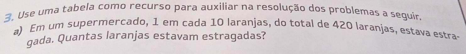 Use uma tabela como recurso para auxiliar na resolução dos problemas a seguir, 
a) Em um supermercado, 1 em cada 10 laranjas, do total de 420 laranjas, estava estra- 
gada. Quantas laranjas estavam estragadas?