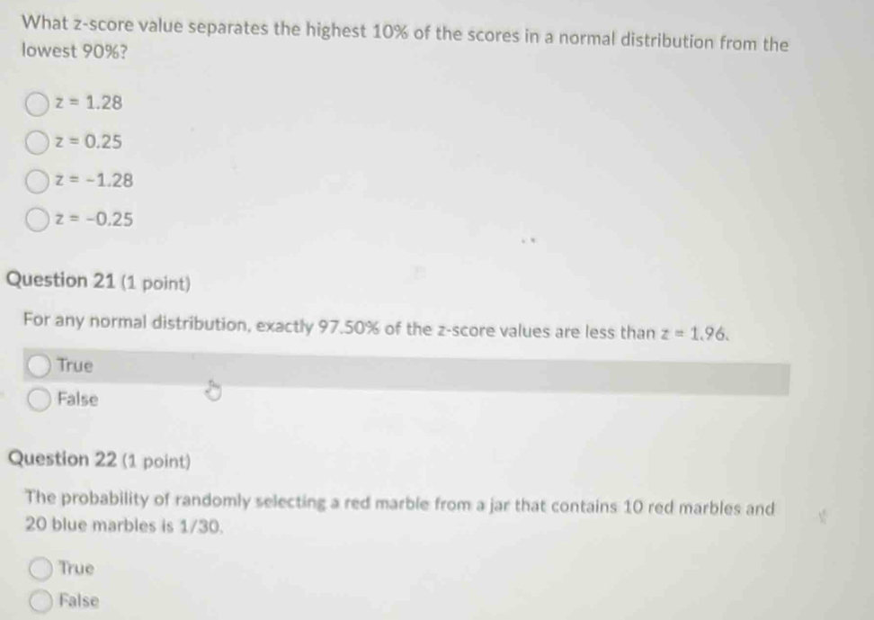 Solved: What z-score value separates the highest 10% of the scores in a ...