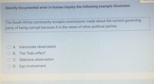 Solved: ldentify the potential error in human inquiry the following ...