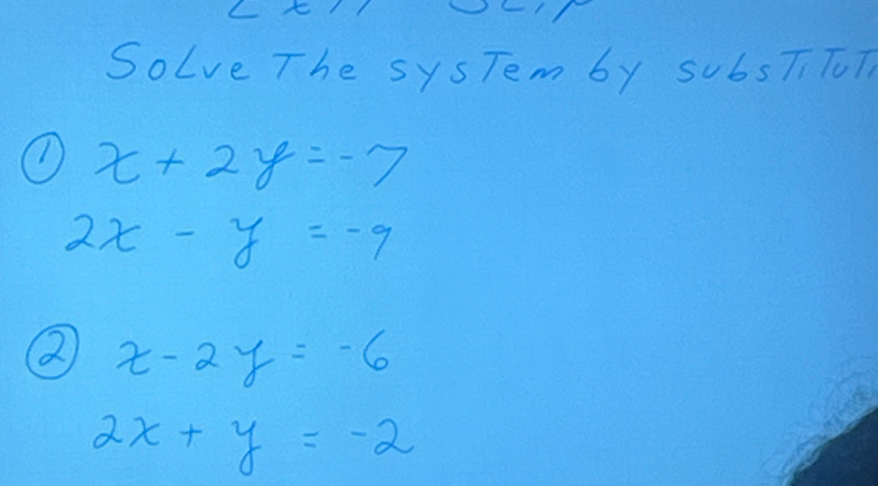 Solve The sysTem by sUbsTi T0T
x+2y=-7
2x-y=-9
② x-2y=-6
2x+y=-2