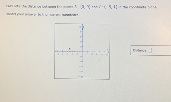 Calculate the distance between the points L=(0,9) and J=(-5,1) in the coordinate plane. 
Round your answer to the nearest hundredth. 
Distance: □