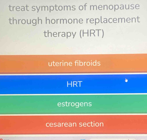 treat symptoms of menopause
through hormone replacement
therapy (HRT)
uterine fibroids
HRT
estrogens
cesarean section